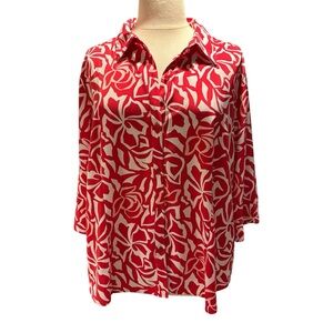 Liz Claiborne Red White Floral Button Down  22W Plus Size 3/4 Sleeve Top #723